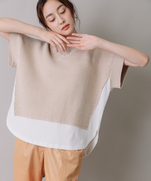 Munich(ミューニック)の「片畦編みニット×カットソードッキングトップス(Tシャツ/カットソー・レディース・グレイッシュベージュ/ネイビー/ピンク・FREE)」の2枚目の写真