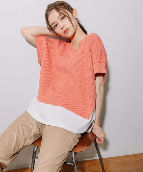 Munich(ミューニック)の「片畦編みニット×カットソードッキングトップス(Tシャツ/カットソー・レディース・グレイッシュベージュ/ネイビー/ピンク・FREE)」の20枚目の写真