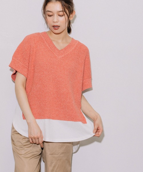 Munich(ミューニック)の「片畦編みニット×カットソードッキングトップス(Tシャツ/カットソー・レディース・グレイッシュベージュ/ネイビー/ピンク・FREE)」の10枚目の写真