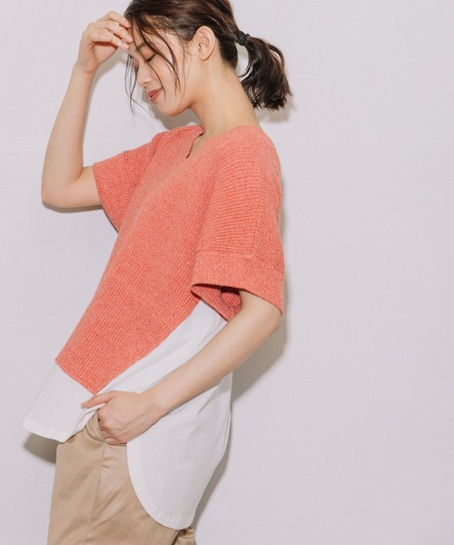 Munich(ミューニック)の「片畦編みニット×カットソードッキングトップス(Tシャツ/カットソー・レディース・グレイッシュベージュ/ネイビー/ピンク・FREE)」の12枚目の写真