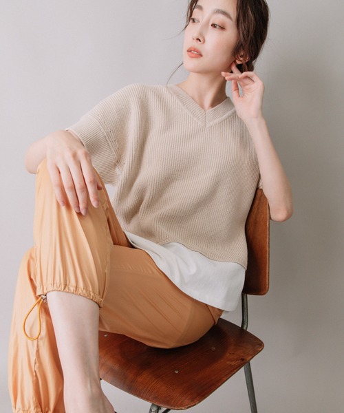 Munich(ミューニック)の「片畦編みニット×カットソードッキングトップス(Tシャツ/カットソー・レディース・グレイッシュベージュ/ネイビー/ピンク・FREE)」の6枚目の写真