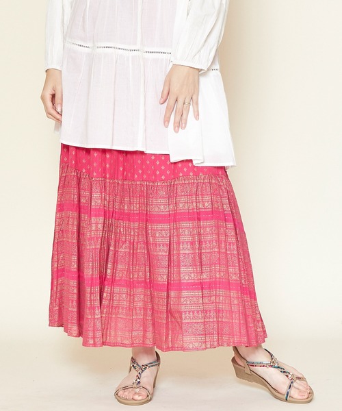 チャイハネ（チャイハネ）の「【チャイハネ】箔プリントティアードスカート（スカート・レディース・ホワイト/ブラック/パープル/ピンク/イエロー/ブルー/レッド/オフホワイト/カーキ・FREE）」の8枚目の写真