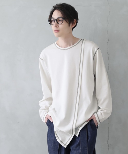 osharewalker（オシャレウォーカー）の「【廃盤】『配色ステッチアシメロンT』（Tシャツ/カットソー・メンズ・オフホワイト/ブラック・FREE）」の2枚目の写真