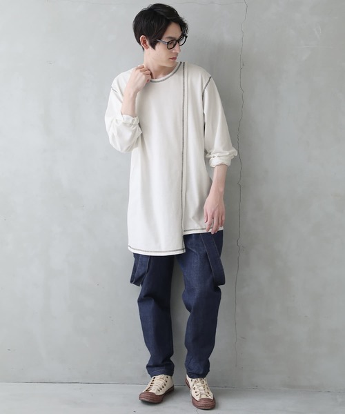 osharewalker（オシャレウォーカー）の「【廃盤】『配色ステッチアシメロンT』（Tシャツ/カットソー・メンズ・オフホワイト/ブラック・FREE）」の22枚目の写真