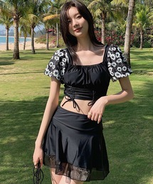 TeddyShop（テディショップ）の「レディース水着 レトロ花柄ビスチェ風シースルービキニ 上下2点セット（水着）」