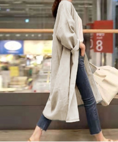 AMELY(エミリー)の「リネン混ロングカーディガン(ワンピース・レディース・カーキ/ベージュ/グレイッシュベージュ/ブラック/マスタード・M/L)」の1枚目の写真