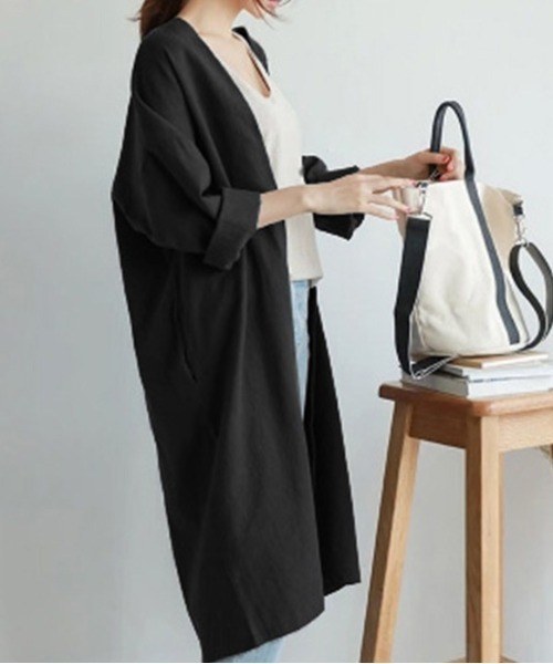 AMELY(エミリー)の「リネン混ロングカーディガン(ワンピース・レディース・カーキ/ベージュ/グレイッシュベージュ/ブラック/マスタード・M/L)」の3枚目の写真