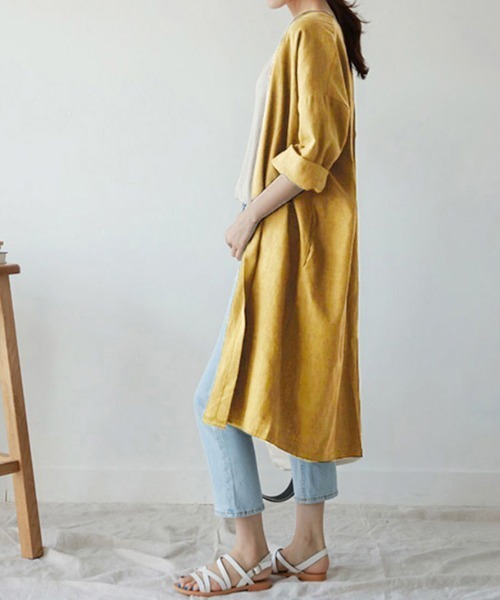 AMELY(エミリー)の「リネン混ロングカーディガン(ワンピース・レディース・カーキ/ベージュ/グレイッシュベージュ/ブラック/マスタード・M/L)」の12枚目の写真