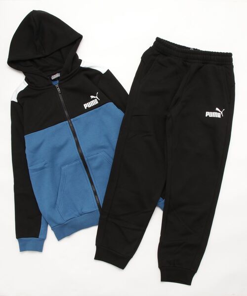 PUMA(プーマ)の「プーマ PUMA ESS+ ブロック フーデッドスーツ FL_(スウェット・キッズ・ブラック×ブルー/グレー・150cm/160cm/140cm/130cm/120cm)」の1枚目の写真