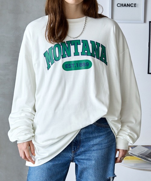 BASQUE magenta（バスクマゼンタ）の「カレッジ/サークルロゴデザイン ビッグシルエットロングTシャツ（Tシャツ/カットソー・レディース・ブラック系1/ホワイト系4/ホワイト系2/ネイビー系2/ブラック系2/ホワイト系3/グリーン系1/ホワイト系1/グレー系1/ホワイト系5/ネイビー系3・FREE）」の12枚目の写真