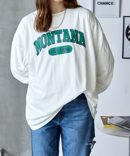 BASQUE magenta（バスクマゼンタ）の「カレッジ/サークルロゴデザイン ビッグシルエットロングTシャツ（Tシャツ/カットソー・レディース・ブラック系1/ホワイト系4/ホワイト系2/ネイビー系2/ブラック系2/ホワイト系3/グリーン系1/ホワイト系1/グレー系1/ホワイト系5/ネイビー系3・FREE）」の13枚目の写真