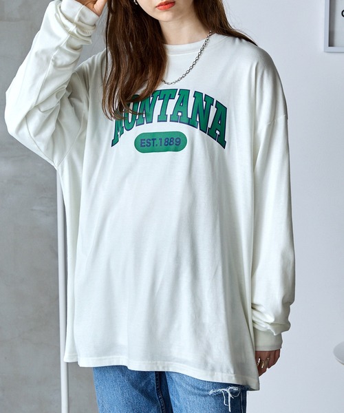 BASQUE magenta（バスクマゼンタ）の「カレッジ/サークルロゴデザイン ビッグシルエットロングTシャツ（Tシャツ/カットソー・レディース・ブラック系1/ホワイト系4/ホワイト系2/ネイビー系2/ブラック系2/ホワイト系3/グリーン系1/ホワイト系1/グレー系1/ホワイト系5/ネイビー系3・FREE）」の14枚目の写真