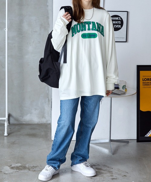 BASQUE magenta（バスクマゼンタ）の「カレッジ/サークルロゴデザイン ビッグシルエットロングTシャツ（Tシャツ/カットソー・レディース・ブラック系1/ホワイト系4/ホワイト系2/ネイビー系2/ブラック系2/ホワイト系3/グリーン系1/ホワイト系1/グレー系1/ホワイト系5/ネイビー系3・FREE）」の16枚目の写真