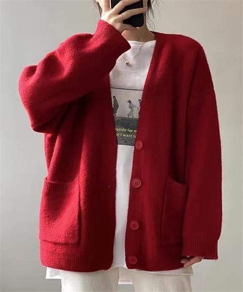 FREE STYLISTS(フリー スタイリスト)の「レディース・長袖Vネックニットカーディガン(カーディガン/ボレロ・レディース・ブラック/ベージュ/パープル/レッド/ピンク/イエロー/ブルー/オフホワイト・FREE)」の8枚目の写真