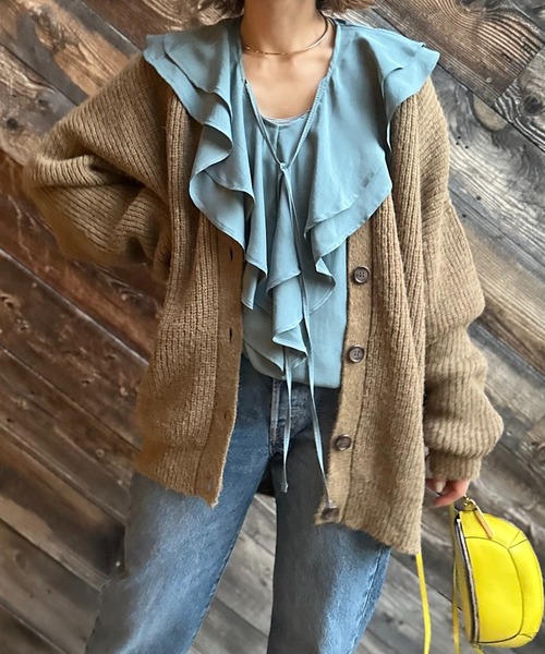 mi via loca（ミヴィアロカ）の「ミックスニットVネックビッグカーディガン（カーディガン/ボレロ・レディース・ブルー/オレンジ/ブラウン・FREE）」の7枚目の写真