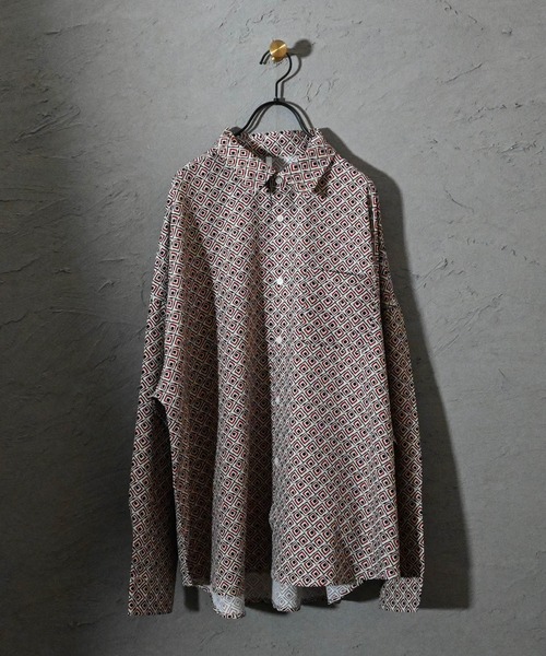 Ritzy（リッツィー）の「ポリ総柄プリント(A柄) ドロップショルダー LSシャツ レディース メンズ（シャツ/ブラウス・メンズ・ホワイト/グリーン/ブラック・MEDIUM/LARGE/X-LARGE）」の9枚目の写真