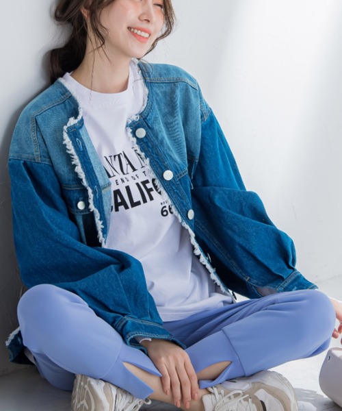 VICKY(ビッキー)の「【鮮やかなブルーが春の装いにぴったり】ノーカラーフリンジデニムジャケット《手洗い可能》(その他アウター・レディース・ネイビー/ブルー・M)」の2枚目の写真