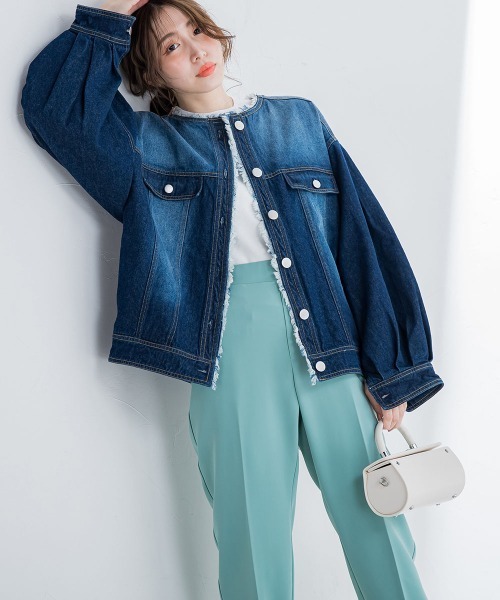 VICKY(ビッキー)の「【鮮やかなブルーが春の装いにぴったり】ノーカラーフリンジデニムジャケット《手洗い可能》(その他アウター・レディース・ネイビー/ブルー・M)」の21枚目の写真