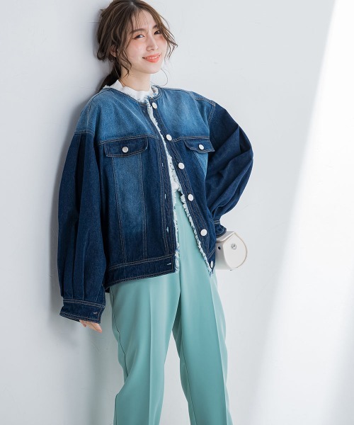 VICKY(ビッキー)の「【鮮やかなブルーが春の装いにぴったり】ノーカラーフリンジデニムジャケット《手洗い可能》(その他アウター・レディース・ネイビー/ブルー・M)」の19枚目の写真