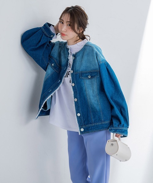 VICKY(ビッキー)の「【鮮やかなブルーが春の装いにぴったり】ノーカラーフリンジデニムジャケット《手洗い可能》(その他アウター・レディース・ネイビー/ブルー・M)」の6枚目の写真