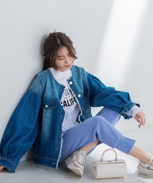 VICKY(ビッキー)の「【鮮やかなブルーが春の装いにぴったり】ノーカラーフリンジデニムジャケット《手洗い可能》(その他アウター・レディース・ネイビー/ブルー・M)」の15枚目の写真