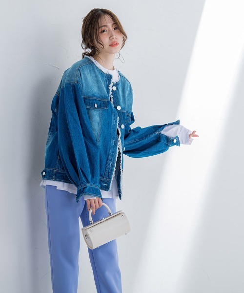 VICKY(ビッキー)の「【鮮やかなブルーが春の装いにぴったり】ノーカラーフリンジデニムジャケット《手洗い可能》(その他アウター・レディース・ネイビー/ブルー・M)」の18枚目の写真