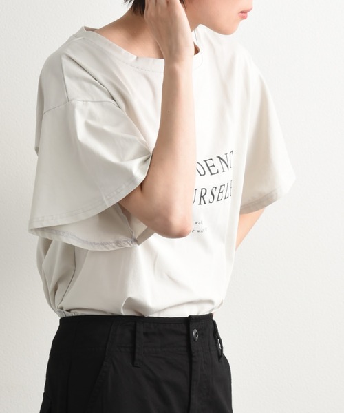 INTERPLANET(インタープラネット)の「フレアースリーブロゴTシャツ(Tシャツ/カットソー・レディース・オフホワイト/グレイッシュブルー/ブラック・FREE)」の5枚目の写真