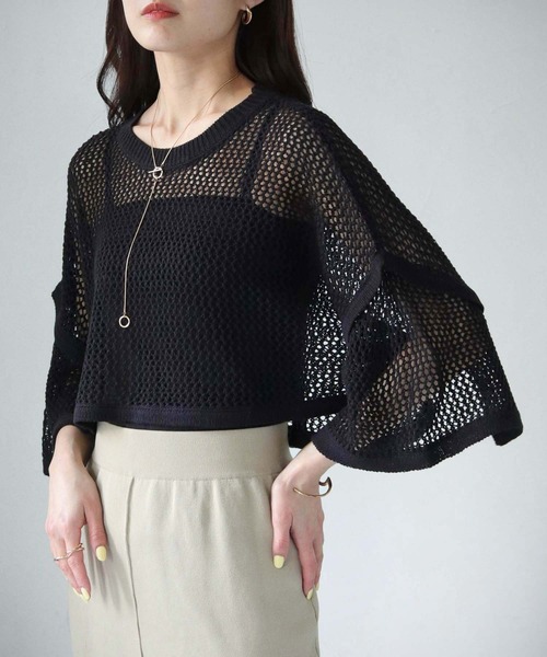 cheriella(シェリエラ)の「【cheriella】WEB限定ショート丈スリット透かし編みメッシュニット(ニット/セーター・レディース・ブルー/アイボリー/カーキ/ブラック・M)」の21枚目の写真