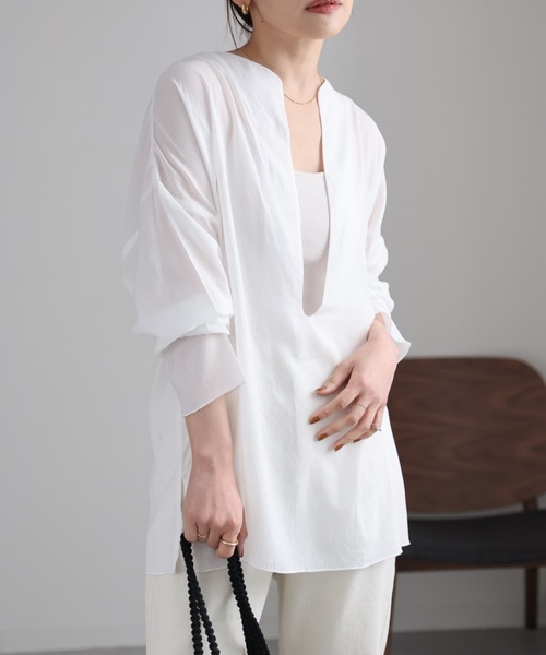 conte ♪ ホワイト Vネック スキッパーシャツ 長袖シャツ conte ディープVネックスキッパーシャツ 白 conte ディープVネック