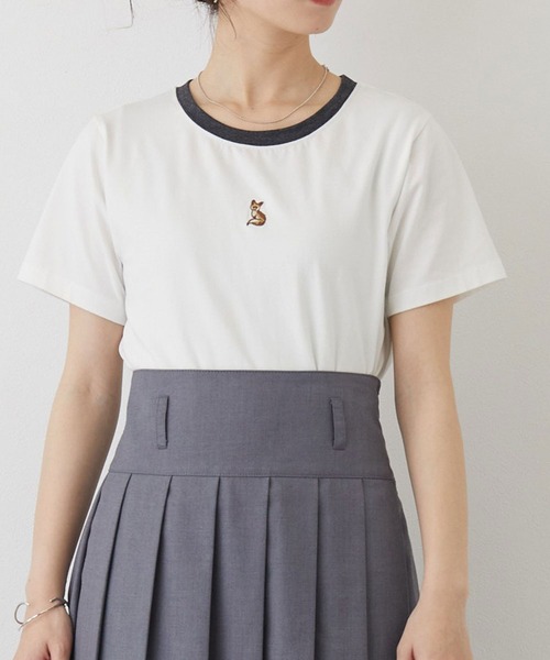 179/WG（イチナナキュウダブルジー）の「キツネ刺繍リンガーTシャツ（Tシャツ/カットソー・レディース・グリーン/オフホワイト/チャコールグレー/ナチュラル/ブルー・FREE）」の2枚目の写真