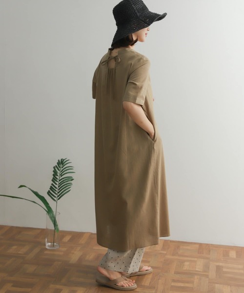 美品✨アーギュ ARGUE リネンバックリボンカフタンワンピース チャコール KIMONOTバックサテンワンピース | ADORE（アドーア