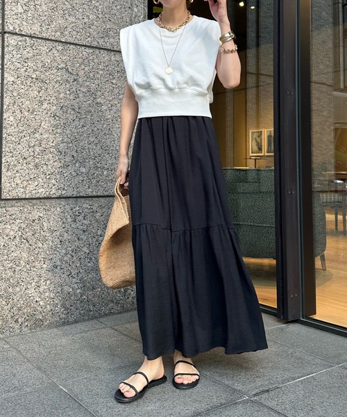 DouDou（ドゥドゥ）の「ショート丈スウェット＋ティアードキャミワンピースSET（ワンピース・レディース・ホワイト/ブラック・FREE）」の4枚目の写真