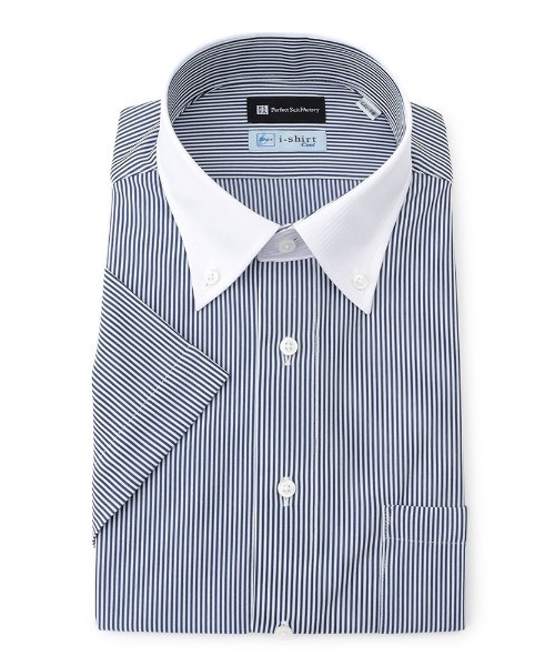 Perfect Suit FActory（パーフェクトスーツファクトリー）の「【完全ノーアイロン】半袖アイシャツ【ECOi-shirt】アイスライブ　サックス（ビジネスシャツ・メンズ・サックスブルー/ネイビー・S/3L/LL/L/M）」の2枚目の写真