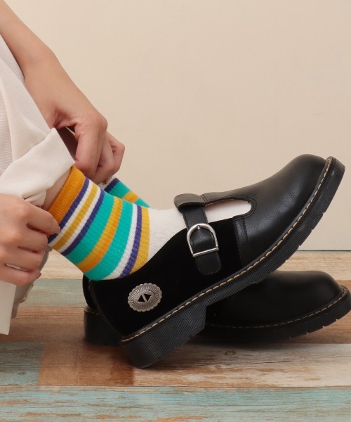 チチカカ（チチカカ）の「リブボーダーソックス 23-25cm（ソックス/靴下・レディース・オフホワイト/ブルー/イエロー・FREE）」の4枚目の写真