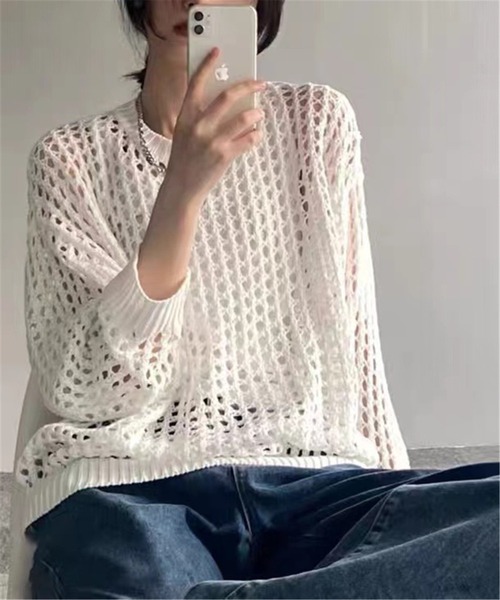 MAISON DE THERESE(メゾン ド テレーズ)の「透け感 クルーネックメッシュサマーニットトップス(ニット/セーター・レディース・グリーン/グレー/ホワイト/ブラック・M)」の2枚目の写真