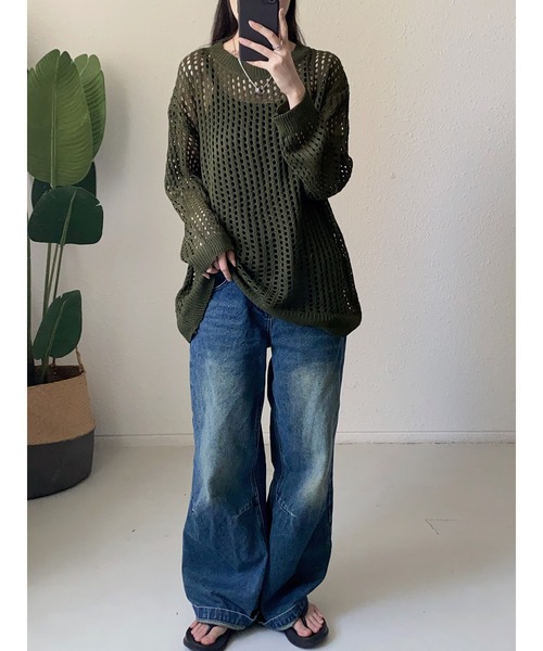 MAISON DE THERESE(メゾン ド テレーズ)の「透け感 クルーネックメッシュサマーニットトップス(ニット/セーター・レディース・グリーン/グレー/ホワイト/ブラック・M)」の6枚目の写真