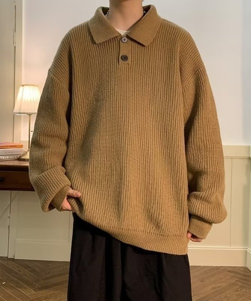 B.R.U（ブル）の「オーバーサイズニットポロ（ニット/セーター・メンズ・ブラック/アイボリー/ブラウン/グレー・FREE）」の7枚目の写真