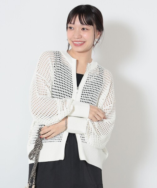 BEAMS HEART(ビームスハート)の「BEAMS HEART / メッシュニット ジップカーディガン(カーディガン/ボレロ・レディース・ピンク/ブラック/オフホワイト・FREE)」の2枚目の写真
