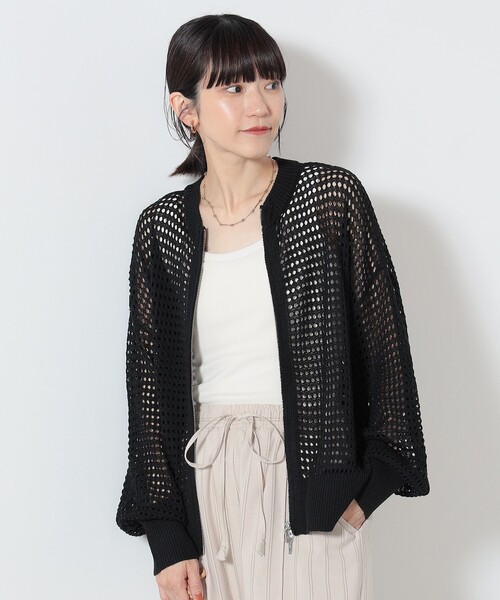 BEAMS HEART(ビームスハート)の「BEAMS HEART / メッシュニット ジップカーディガン(カーディガン/ボレロ・レディース・ピンク/ブラック/オフホワイト・FREE)」の3枚目の写真