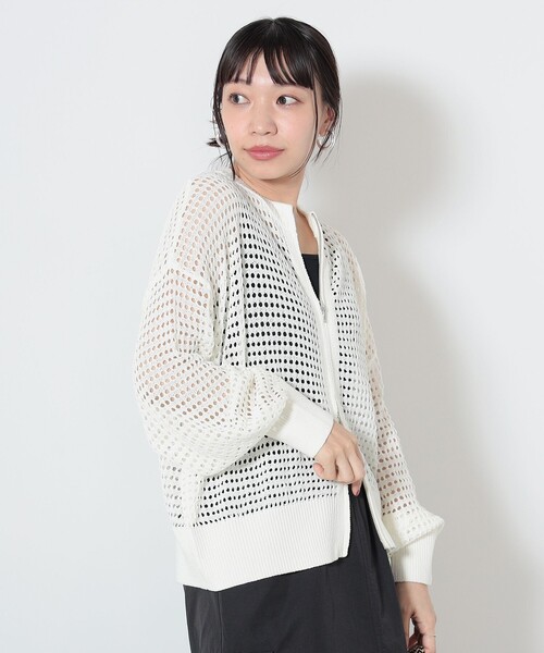 BEAMS HEART(ビームスハート)の「BEAMS HEART / メッシュニット ジップカーディガン(カーディガン/ボレロ・レディース・ピンク/ブラック/オフホワイト・FREE)」の7枚目の写真