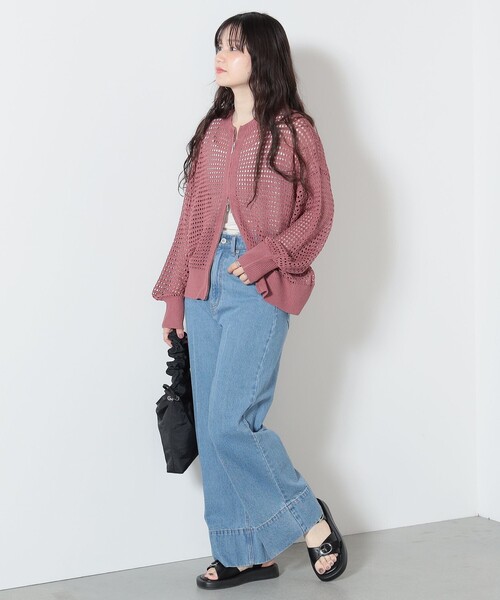 BEAMS HEART(ビームスハート)の「BEAMS HEART / メッシュニット ジップカーディガン(カーディガン/ボレロ・レディース・ピンク/ブラック/オフホワイト・FREE)」の12枚目の写真