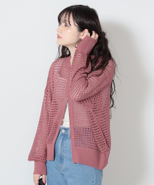 BEAMS HEART(ビームスハート)の「BEAMS HEART / メッシュニット ジップカーディガン(カーディガン/ボレロ・レディース・ピンク/ブラック/オフホワイト・FREE)」の14枚目の写真