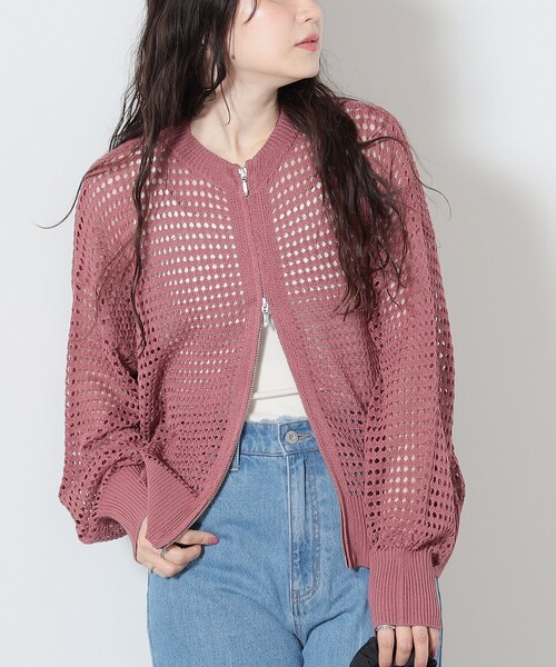 BEAMS HEART(ビームスハート)の「BEAMS HEART / メッシュニット ジップカーディガン(カーディガン/ボレロ・レディース・ピンク/ブラック/オフホワイト・FREE)」の15枚目の写真