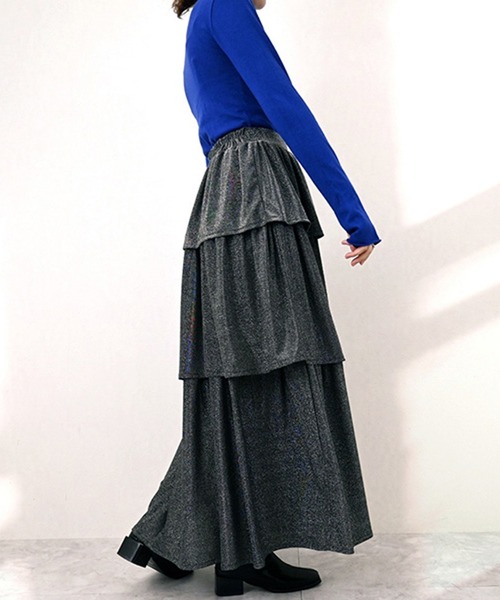STYLEBLOCK(スタイルブロック)の「グリッター天竺ティアードスカート(スカート・レディース・ゴールド/ライトベージュ/ブルー/シルバー・M)」の7枚目の写真