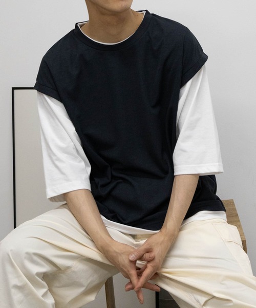 URBAN COLLECTION（アーバンコレクション）の「URBAN COLLECTION 梨地フェイクベストレイヤードTシャツ（Tシャツ/カットソー・メンズ・ライトグレー/ブルー/チャコールグレー・S/XL/L/M）」の2枚目の写真