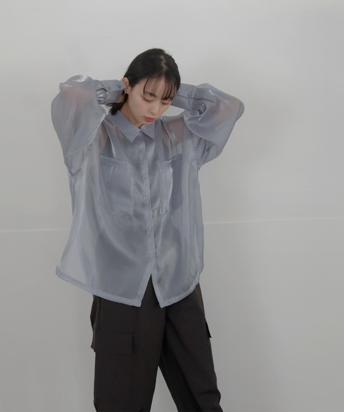 新品タグ付き✨24AW デパリエ　オーガンジーシャツ　シアー　チャコール 38 オーガンジーシアーシャツ（シャツ/ブラウス）｜FRAY I.D