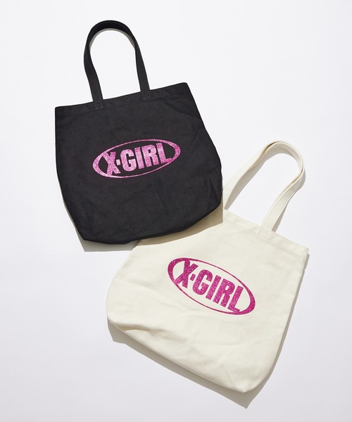 X-girl（エックスガール）の「GLITTER OVAL LOGO CANVAS TOTE BAG（トートバッグ・レディース・ブラック/ホワイト・ONE SIZE）」の3枚目の写真
