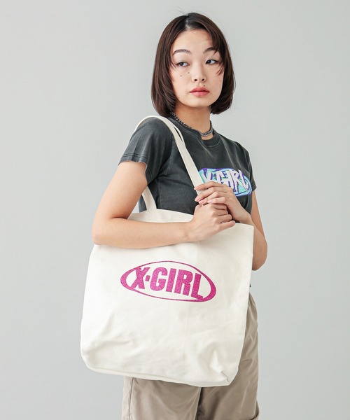 X-girl（エックスガール）の「GLITTER OVAL LOGO CANVAS TOTE BAG（トートバッグ・レディース・ブラック/ホワイト・ONE SIZE）」の11枚目の写真