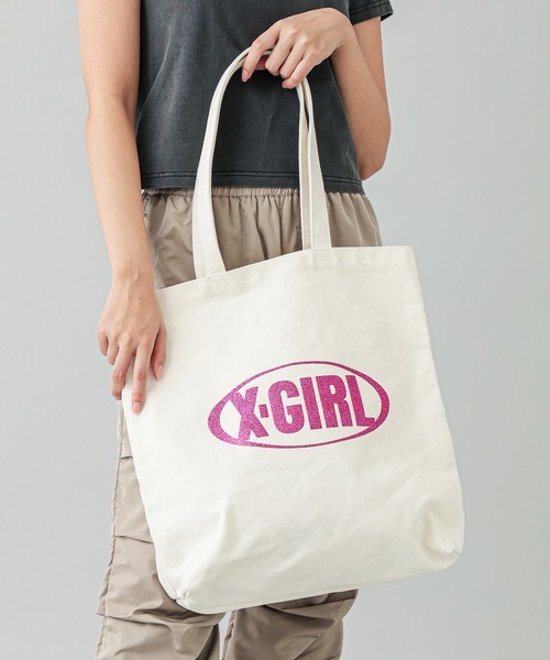 X-girl（エックスガール）の「GLITTER OVAL LOGO CANVAS TOTE BAG（トートバッグ・レディース・ブラック/ホワイト・ONE SIZE）」の10枚目の写真