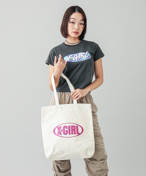 X-girl（エックスガール）の「GLITTER OVAL LOGO CANVAS TOTE BAG（トートバッグ・レディース・ブラック/ホワイト・ONE SIZE）」の12枚目の写真
